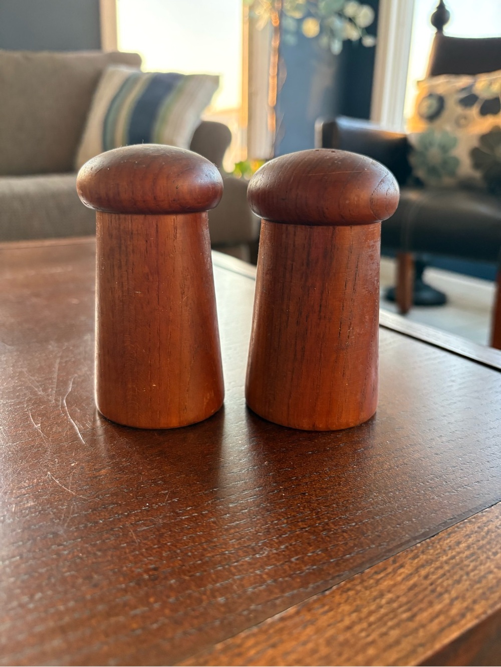 vintage mid-century modern teak wood salt and pepper shakers in a mushroom shape